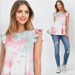 Buttery Soft Tie Dye Top | Mauve Sage Ruffle Sleeve Boho Blouse